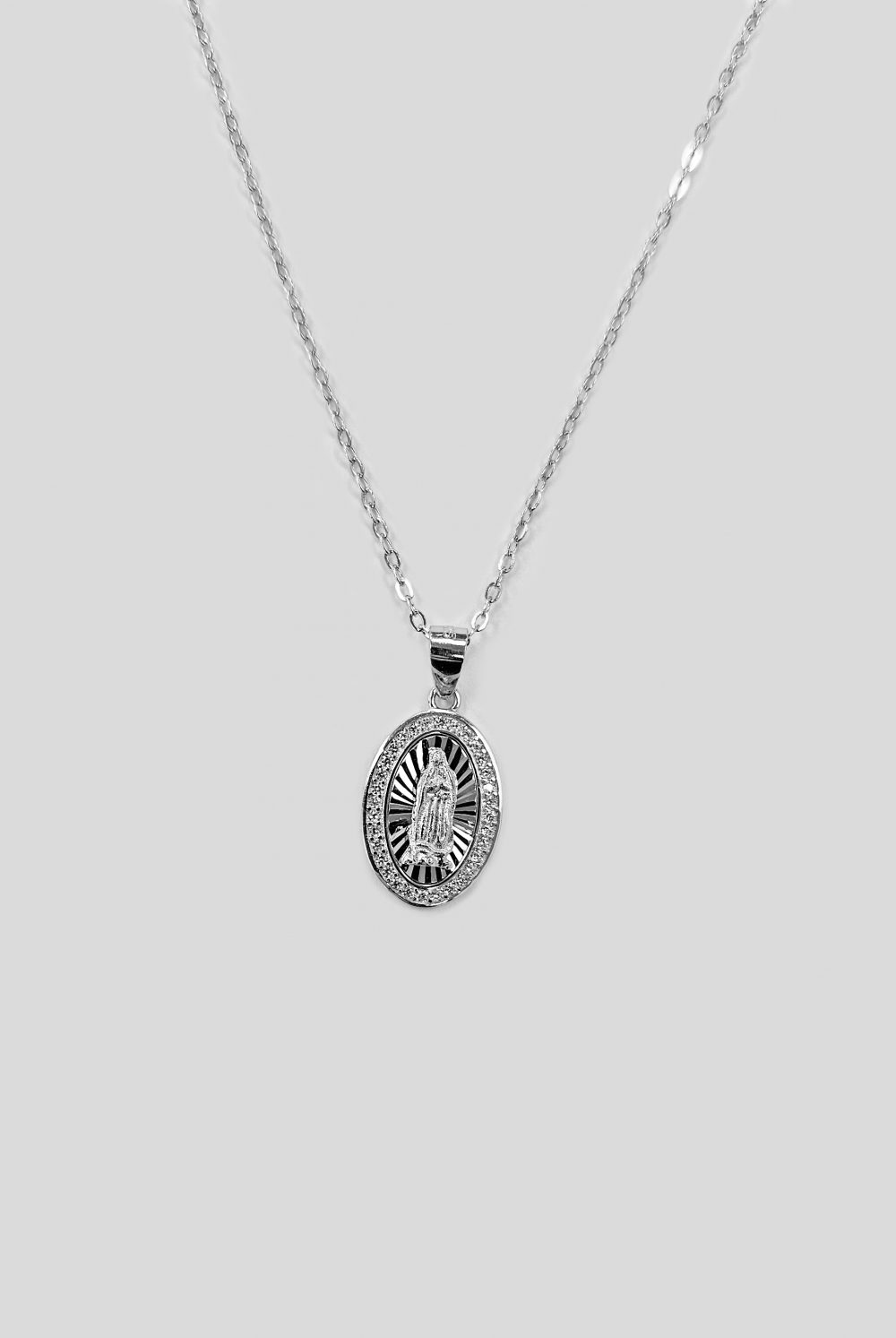 925 Sterling Silver Oval Virgin Mary, Guadalupe CZ Medal Pendent Necklace - Image 3