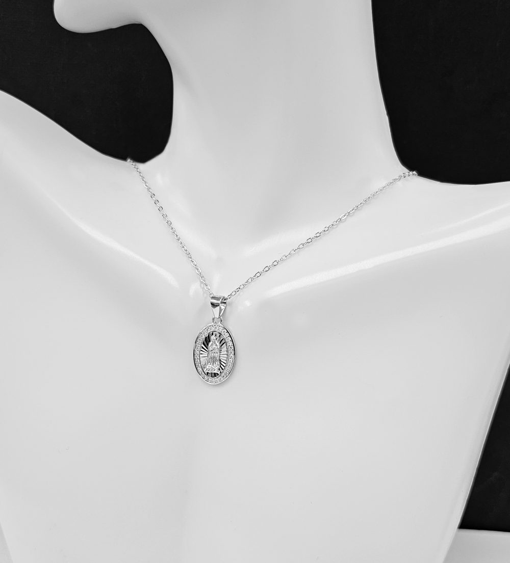 925 Sterling Silver Oval Virgin Mary, Guadalupe CZ Medal Pendent Necklace