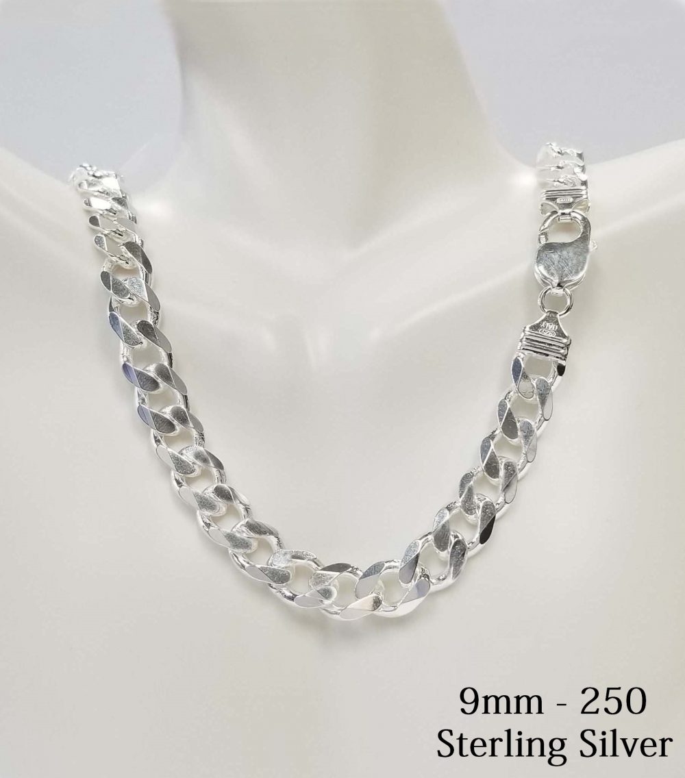 925 Sterling Silver 9 mm  Solid Curb Chain Necklace