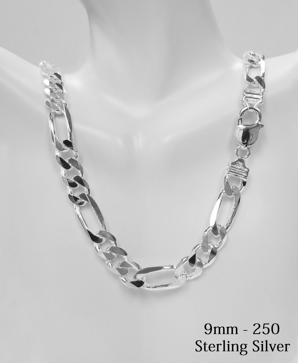925 Sterling Silver 9 mm Figaro Chain Necklace