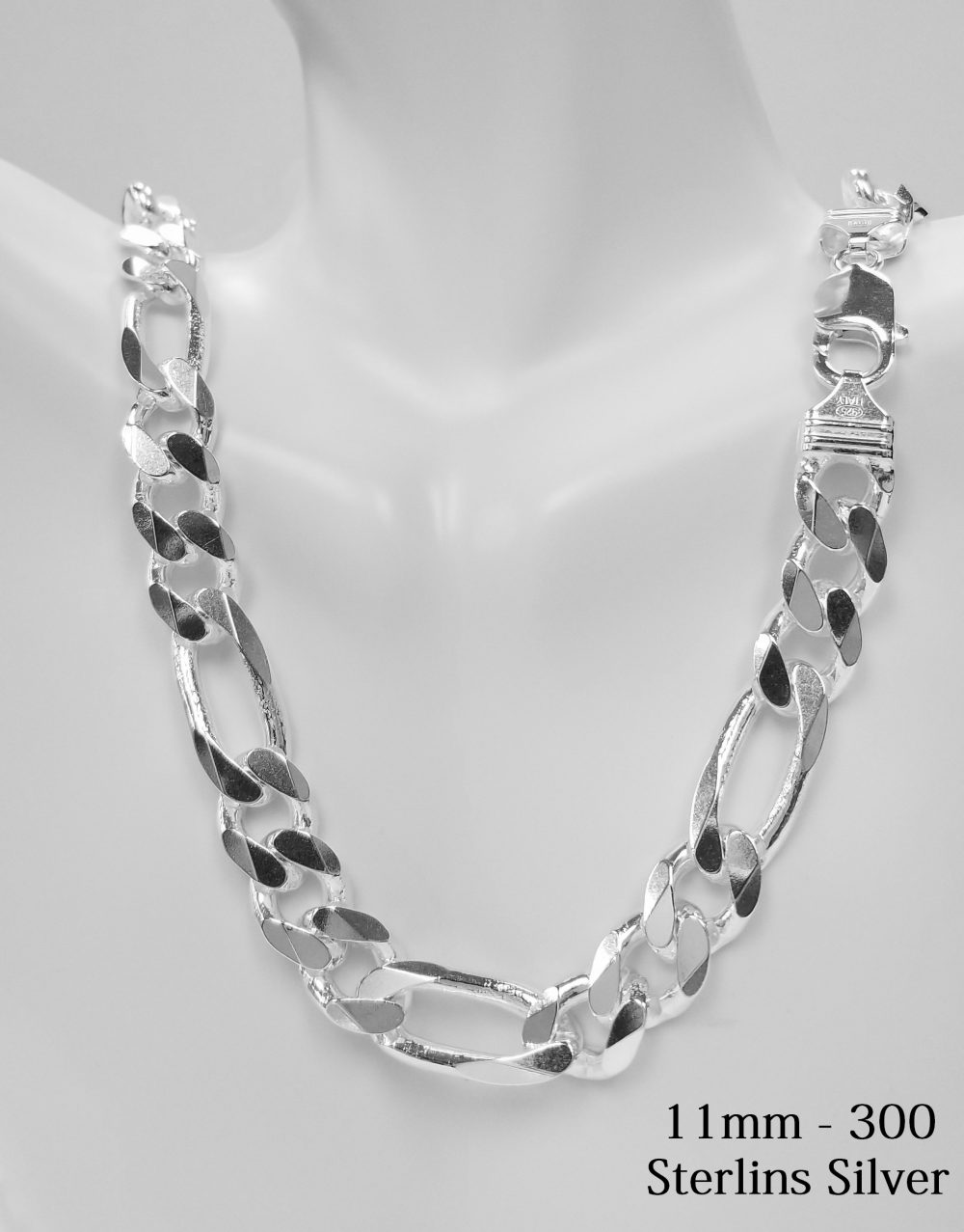 925 Sterling Silver Solid 11 mm Figaro Necklace Chain